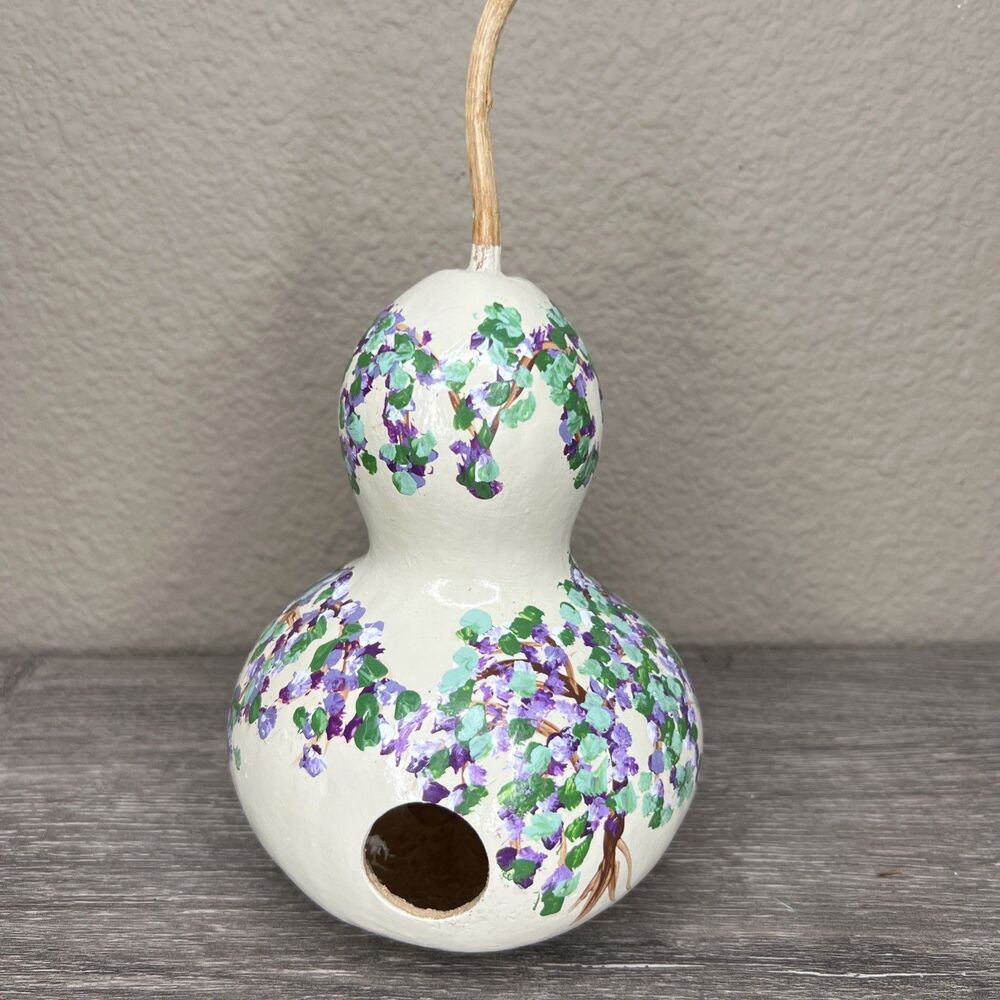 Hand Painted Gourd Birdhouse With Purple Flowers 8"